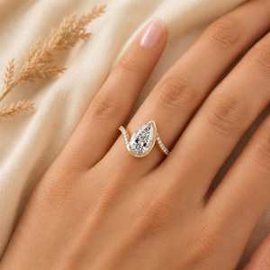 Bague solitaire en or massif avec diamant de laboratoire taille poire 3 carats et bande pavée, bijoux fins certifiés IGI, couleur E, pour femme - Product Image 2