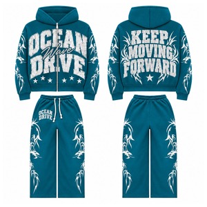 Wholesale Custom Oversized Hoodie Tracksuit Men <b>Women</b> Heavyweight Cotton Fleece Zip Up <b>Jacket</b> and Baggy Sweatpants Puff Print - Product Image 1