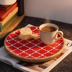 ถาดเสิร์ฟไม้ทรงกลมลายอินเดีย สำหรับร้านกาแฟ โรงแรม และชายหาด ขนาด 30x5 เซนติเมตร - Product Image 3