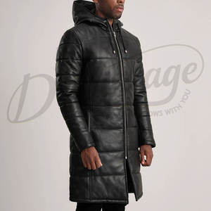 Manteau d'hiver matelassé long en similicuir noir pour homme, avec capuche, style parka rembourrée en similicuir de qualité supérieure - Product Image 6
