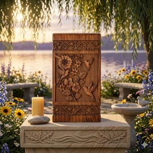 Urna Funeraria de Madera Hecha a Mano con Tallado Floral de Pájaro, Caja Conmemorativa para Entierro - Product Image 1
