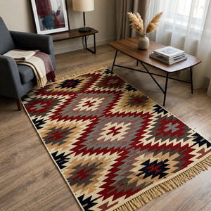 Alfombra Geométrica Kilim Rectangular de Tejido Plano, Lana Acrílica Reversible, Alfombra para Sala de Estar con Flecos - Product Image 3