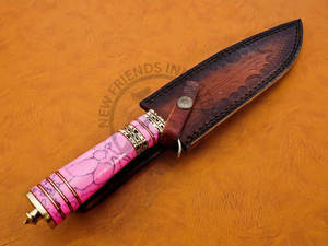 Nouvelle édition personnalisable, couteau de chasse Bowie en acier Damas de 13 pouces, manche en laiton avec pierre rose, lame fixe, couteau de camping, couteau de survie - Product Image 6