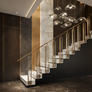 Barandilla de escalera de lujo en oro con balaustres rectangulares altos para villas, hoteles e interiores de viviendas con metal de primera calidad. - Product Image 3