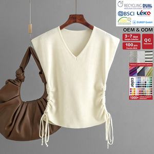 Col en V dames été haut tricoté décontracté à manches courtes avec cordon décoration mode femmes <span class=keywords><strong>sans</strong></span> manches gilet en tricot - Product Image 6