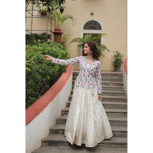 Livewear Women's <b>White</b> Party Wear <b>Top</b> and Lehenga Set <b>with</b> Thread-<b>Sequins</b> Embroidery - Product Image 5