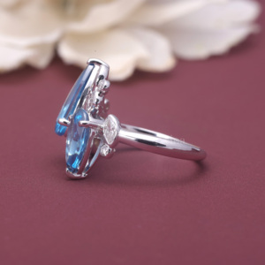 IGI Certified Blue Lab Grown Diamond Floral Cluster <b>Ring</b> in 9K White / Rose & Yellow <b>Gold</b> Pear- Marquise Diamond Statement <b>Ring</b> - Product Image 2