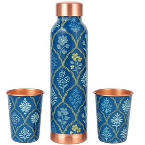 Bouteille d'eau traditionnelle en cuivre avec motif hexagonal, gourde de voyage portable, finition noire et or rose, couvercles inclus - Product Image 6