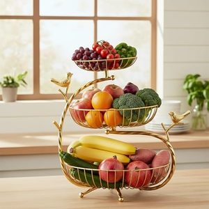 Frutero Metálico de Tres Niveles, Dorado, Moderno, Soporte de Almacenamiento para Cocina, Redondo, Resistente, No Plegable - Product Image 5