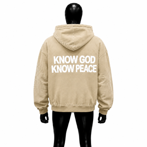 Sudadera con Capucha Gráfica Oversize Unisex Beige 'No God No Peace' Estilo Urbano Casual para Hombre y Mujer, Top con Capucha de Moda Atrevida - Product Image 2