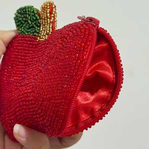 TIMELESS CRAFT Handmade Beaded Coin <b>Purse</b> Apple Shape <b>Red</b> Beadwork Small Zipper Pouch Leaf Design Cute Bag Women Girls Gift - Product Image 3