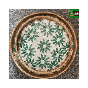 Plateau en rotin tissé à la main, mosaïque décorative, finition nacre, motifs variés, incrustation de coquillages, plateau de service pour hôtel - Product Image 6
