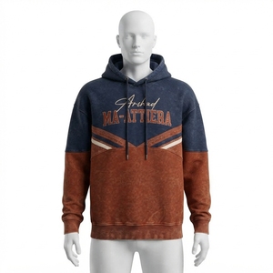 <b>Men</b> Two Tone <b>Navy</b> Rust Hoodie Pullover Streetwear <b>Fleece</b> Sweatshirt Decorative Stripe Rhinestone Detail Custom Wholesale - Product Image 1
