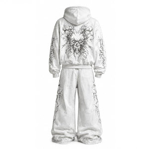 Survêtement unisexe streetwear à capuche avec fermeture éclair, imprimé crâne, en coton, coupe ample, pour l'automne, avec poches latérales - Product Image 3