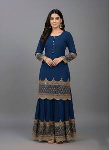 Traje Salwar Tradicional Azul Bordado para Mujer, Largo hasta el Suelo, con Dupatta de Tela de Red, para Bodas, Estilo India/Pakistán - Product Image 4