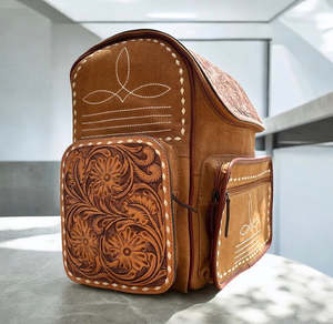Bohemian Genuine <b>Leather</b> <b>Backpack</b> with Floral Embossing and Zipper Closure Multi-Functional All Seasons Men's <b>Backpack</b> - Product Image 3