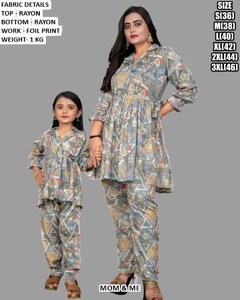 Mom & Me Rayon Foil Print <b>Kurta</b> Set With Palazzo Pants Casual Loose Fit Midi Length <b>Indian</b> Wear For Women And Kids - Product Image 2