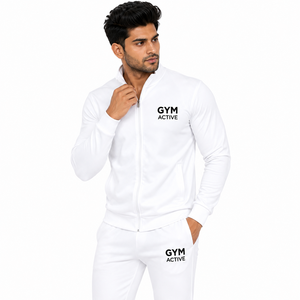 <b>Men</b> <b>White</b> Tracksuit Set Full Zip Sports <b>Jacket</b> and Jogger Pants Custom Logo Gym Activewear - Product Image 2