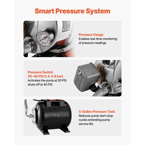 Pompe à jet pour puits peu profond de 1,6 HP avec réservoir sous pression de 5 gallons, 120 V, 1320 GPH, en acier inoxydable, pompe à eau automatique - Product Image 4