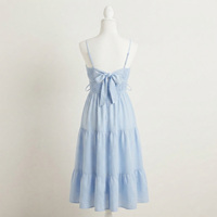 Robe longue décontractée d'été bleu clair à fines bretelles, taille élastique, coupe trapèze à volants, en coton tissé, couleur unie, écologique