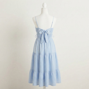 Light Blue Spaghetti Strap Maxi <b>Dress</b> <b>Elastic</b> <b>Waist</b> Tiered A-Line Casual Summer Cotton Woven Solid Color Regular Eco-Friendly - Product Image 3