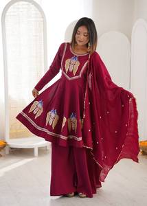 <b>Maroon</b> Roman Silk Embroidered Anarkali Suit Roman Silk Embroidered Sequence Real Mirror <b>Top</b> Pant Dupatta Regular Fit Party - Product Image 1