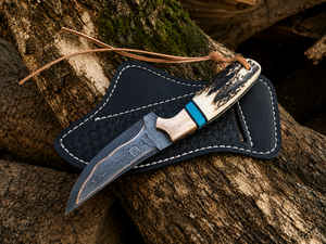 MAYSARA IMPEX Copper Damascus Steel Cowboy Hunting Knife Camping Knife with <b>Leather</b> Sheath & Stag Antler Handle - Product Image 4
