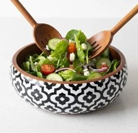 Bol rond en bois de grande taille, de haute qualité, avec autocollant émaillé imprimé, pour servir, mélanger, salade, soupe, fait main, personnalisé.