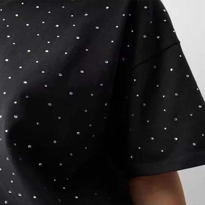Custom <b>Rhinestone</b> Oversized Black T Shirt Women Loose Fit Cotton Tee Fashion Streetwear Casual <b>Top</b> Wholesale - Product Image 2