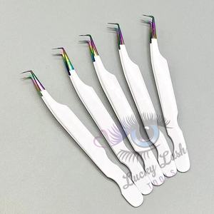 Pinzas de pestañas blancas de plasma arcoíris con etiqueta privada personalizada, herramienta de extensión de pestañas nano puntiagudas de acero inoxidable sólido de 90 grados - Product Image 1