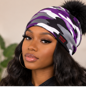 Custom Hand Knitted <b>Wool</b> Blend Jacquard Slouchy Camo <b>Beanie</b> with Faux Fur Pom Pom Streetwear Winter Hat - Product Image 1