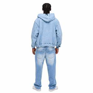 2026 <b>Men's</b> Oversized <b>Denim</b> <b>Hooded</b> Zip-Up <b>Jacket</b> Casual Solid Color Breathable Cotton Hoodie Autumn Wear - Product Image 4