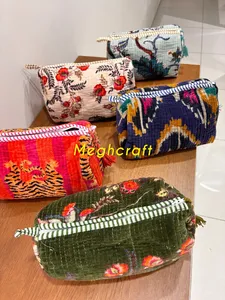 Velvet Quilted Toiletry <b>Bag</b> <b>Set</b> of 3 Block Print <b>Bags</b> Toiletry <b>Bag</b> Cosmetic <b>Bags</b> for Women Water proof Polythene with 4 Pocket - Product Image 2