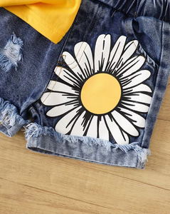 Girls 2Pcs Set Yellow Heart Print Short Sleeve T Shirt Denim Daisy Shorts Casual Summer Outfit - Product Image 6