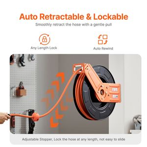 Enrouleur de tuyau d'air rétractable avec rembobinage automatique, 5 pieds, pour tuyau d'air en caoutchouc de 3/8 po x 100 pi, pression max. 300 PSI, conforme CEI, pour compresseur d'air - Product Image 2