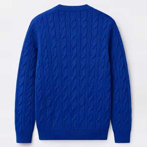 Pull en coton biologique bleu à col rond en tricot torsadé pour homme, manches longues, pull chaud, design personnalisé, vêtements décontractés d'hiver - Product Image 2
