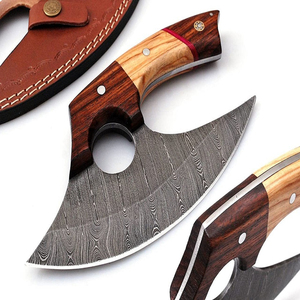 Couteau de boucher Ulu à lame courbée avec manche en bois, planche à découper et bol, utilisation facile, en acier Damas, pour le camping, écologique, durable, pour la cuisine - Product Image 2