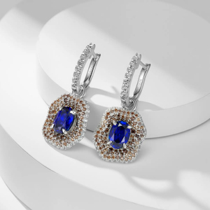 Boucles d'oreilles pendantes de luxe pour femmes en argent 925 avec saphir bleu et accents de diamants, plaquées rhodium, bijoux de soirée - Product Image 2