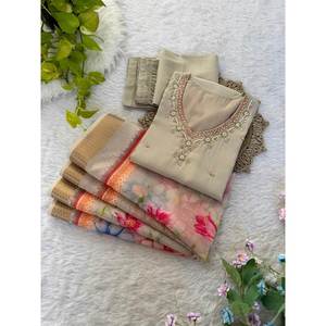 ATTRACTIVE ROMAN SILK HAND WORK TOP BOTTOM WITH DUPATTA CHIKU - Product Image 1
