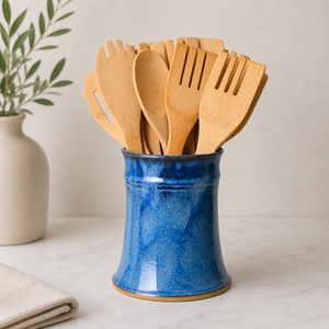 Artisan Stoneware Ceramic <b>Utensil</b> Holder Hand Poured Drip Glaze Deep Blue Finish Kiln Fired Durable Countertop Kitchen Organizer - Product Image 6