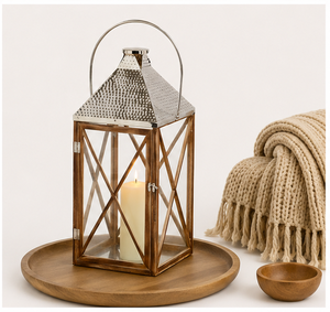 Farol de madera natural con tapa de acero inoxidable, portavelas grande estilo rústico, farol decorativo colgante para decoración del hogar y jardín - Product Image 2