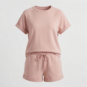Ensemble 2 pièces tricoté rose pour femme, col rond, manches courtes, coupe ample, couleur unie, décontracté, printemps-été, longueur au-dessus du genou - Product Image 1