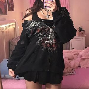 เสื้อฮู้ดซิปหน้าสไตล์ Y2K สำหรับผู้หญิง แขนยาว ผ้าฟลีซ สไตล์ฮาราจูกุ พังก์ กรันจ์ ลำลอง ใส่ได้ทั้งฤดูใบไม้ร่วงและฤดูหนาว ทรงโอเวอร์ไซส์ วินเทจ - Product Image 1