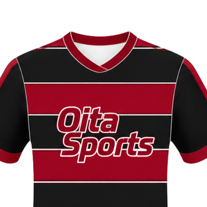 Camiseta de Rugby Roja Carmesí y Negra de Manga Corta, Cuello Redondo, a Rayas, para Entrenamiento Deportivo, Partidos y Equipos - Product Image 3