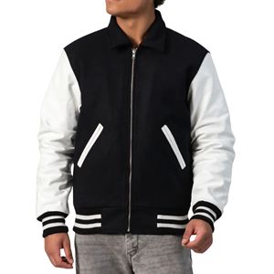 Veste universitaire zippée pour homme en mélange de laine avec manches en cuir, style vintage, veste bomber de baseball, patchwork, broderie, écologique - Product Image 4