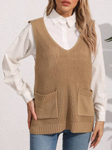 Chaleco de Punto Personalizado Color Vino Tinto para Mujer, Sin Mangas, Largo, con Botones, Cuello en V, Bolsillos Delanteros, Informal, para Invierno, Servicio OEM - Product Image 6