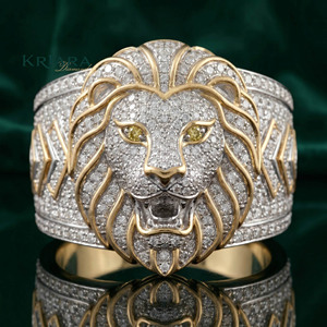 Bague Tête de Lion en Diamant, Argent 925, Or 18K, Diamants de Laboratoire Taille Ronde Brillante, Bijoux de Luxe Unisexe - Product Image 1