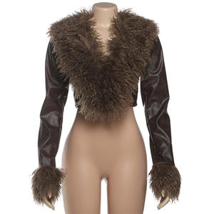 Veste de moto courte en similicuir PU pour femme, manteau en fourrure sexy et tendance pour l'automne et l'hiver - Product Image 2