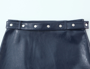 Women's Navy Blue PU Leather <b>Mini</b> Skirt With Belt And Silver Studs Regular Waist Solid Color Straight Design All Seasons Wear - Product Image 2