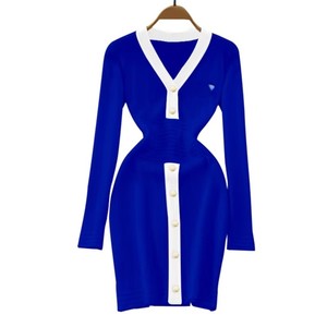 Customized High Quality Women's V-Neck Button All Seasons Casual Sorority Sweater Dress New Youth College Knee-Length Knitted - Product Image 4